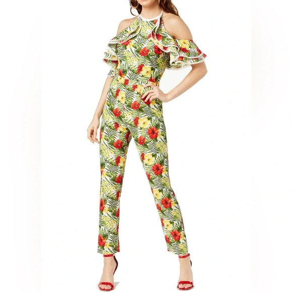 XOXO Pants - XOXO NEW GREEN YELLOW COLD-SHOULDER HALTER LACE-DOT JUMPSUIT